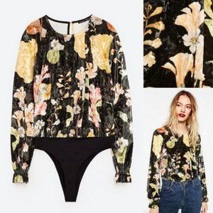 Zara Black Green Yellow Floral Print Velvet Bodysuit Top Size M Made in Portugal